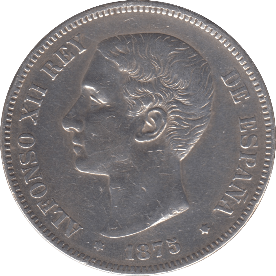1875 SILVER FIVE PESETAS SPAIN - SILVER WORLD COINS - Cambridgeshire Coins
