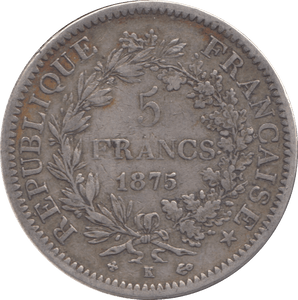 1875 SILVER FRANCE 5 FRANCS - SILVER WORLD COINS - Cambridgeshire Coins