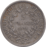 1875 SILVER FRANCE 5 FRANCS - SILVER WORLD COINS - Cambridgeshire Coins