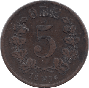 1876 5 ORE NORWAY - WORLD COINS - Cambridgeshire Coins