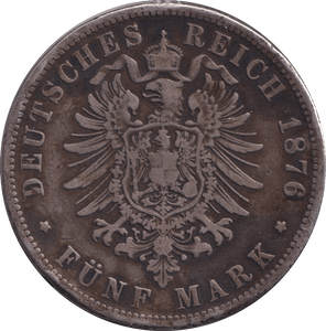 1876 SILVER 5 MARK PRUSSIA GERMANY - SILVER WORLD COINS - Cambridgeshire Coins