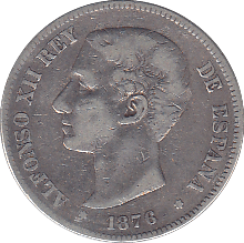 1876 SILVER 5 PESETAS SPAIN - SILVER WORLD COINS - Cambridgeshire Coins