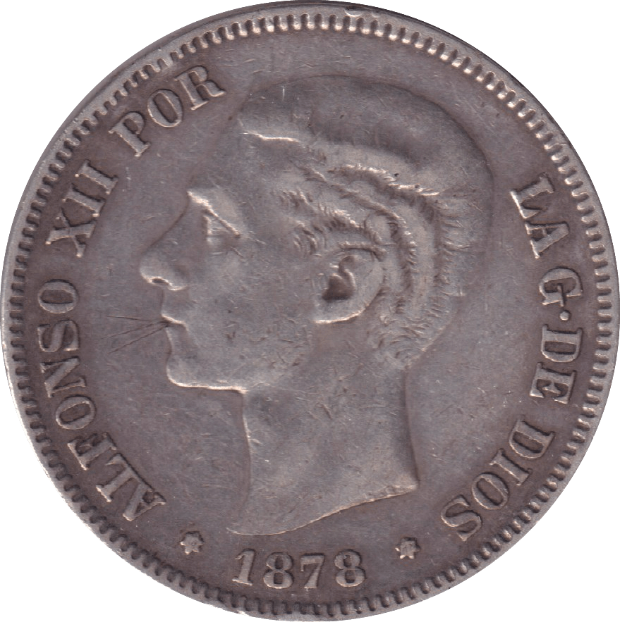 1878 SILVER 5 PESETAS SPAIN - SILVER WORLD COINS - Cambridgeshire Coins