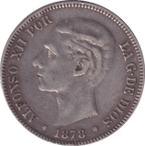 1878 SILVER 5 PESETAS SPAIN - SILVER WORLD COINS - Cambridgeshire Coins