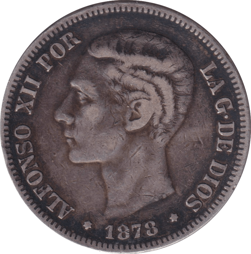 1878 SILVER 5 PESTAS SPAIN - SILVER WORLD COINS - Cambridgeshire Coins