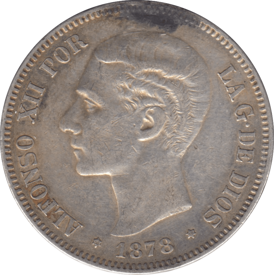 1878 SILVER FIVE PESETAS SPAIN - SILVER WORLD COINS - Cambridgeshire Coins