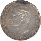 1878 SILVER FIVE PESETAS SPAIN - SILVER WORLD COINS - Cambridgeshire Coins