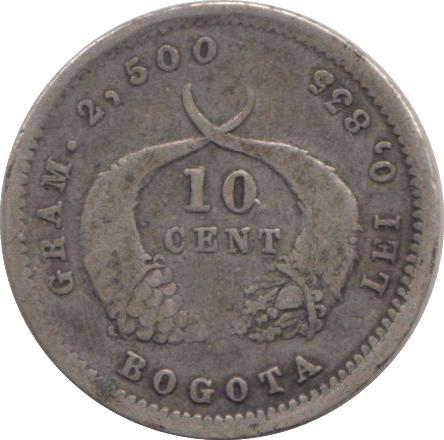 1878 SILVER TEN CENT COLOMBIA - SILVER WORLD COINS - Cambridgeshire Coins