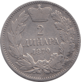 1879 SILVER 2 DINARA SERBIA - SILVER WORLD COINS - Cambridgeshire Coins