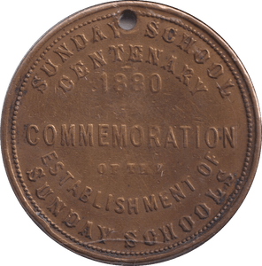 1880 ROBERT RAIKES SUNDAY SCHOOL HOLED MEDALLION - MEDALS & MEDALLIONS - Cambridgeshire Coins