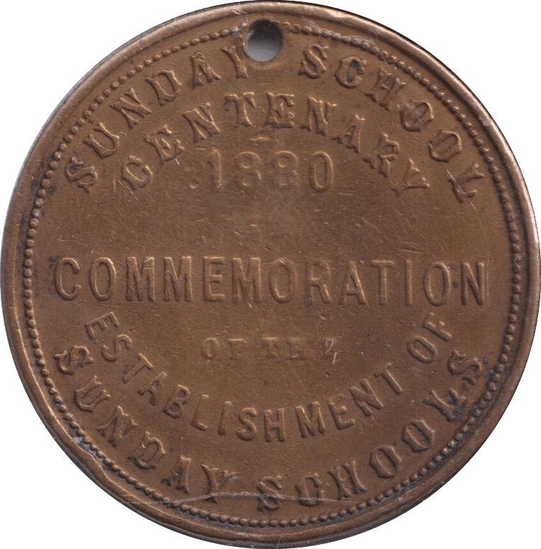 1880 ROBERT RAIKES SUNDAY SCHOOL HOLED MEDALLION - MEDALS & MEDALLIONS - Cambridgeshire Coins