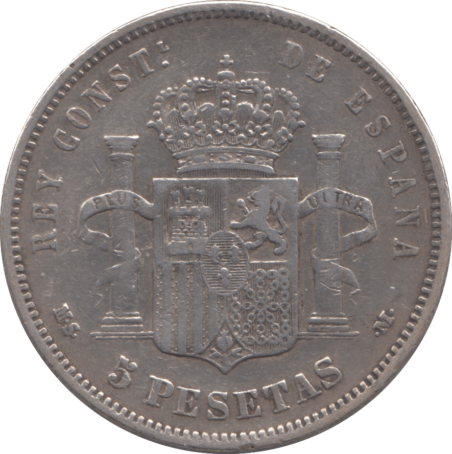 1884 SILVER FIVE PESETAS SPAIN - SILVER WORLD COINS - Cambridgeshire Coins