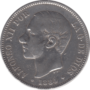 1884 SILVER FIVE PESETAS SPAIN - SILVER WORLD COINS - Cambridgeshire Coins