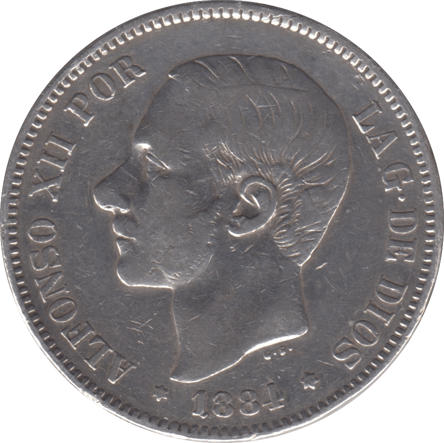 1884 SILVER FIVE PESETAS SPAIN - SILVER WORLD COINS - Cambridgeshire Coins