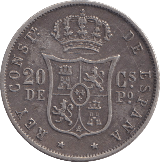 1885 SILVER 20 CENTAVOS SPAIN - SILVER WORLD COINS - Cambridgeshire Coins