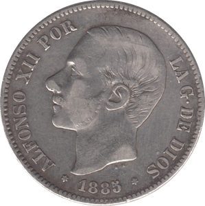 1885 SILVER FIVE PESETAS SPAIN - SILVER WORLD COINS - Cambridgeshire Coins