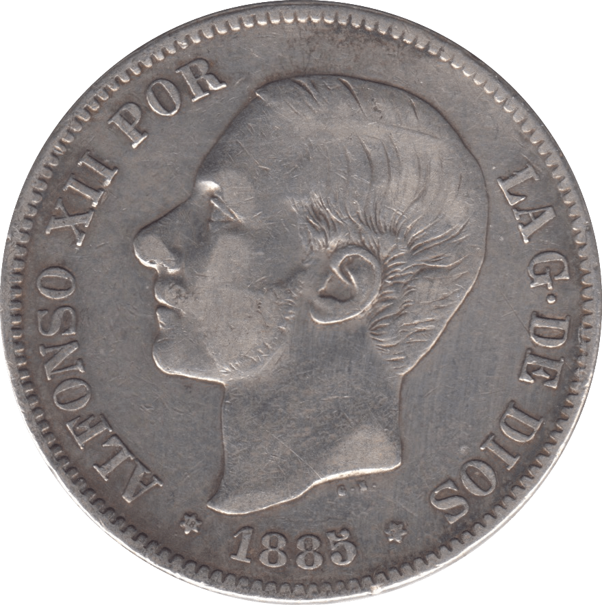 1885 SILVER FIVE PESETAS SPAIN - SILVER WORLD COINS - Cambridgeshire Coins
