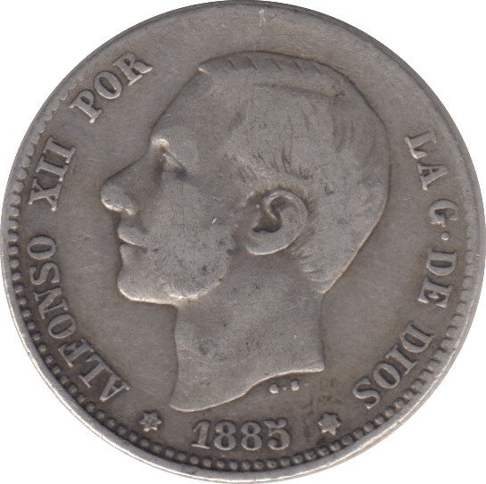 1885 SILVER SPAIN 1 PESETA - SILVER WORLD COINS - Cambridgeshire Coins