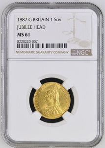1887 GOLD 1 SOVEREIGN ( NGC ) MS 61 - NGC GOLD SOVEREIGN - Cambridgeshire Coins