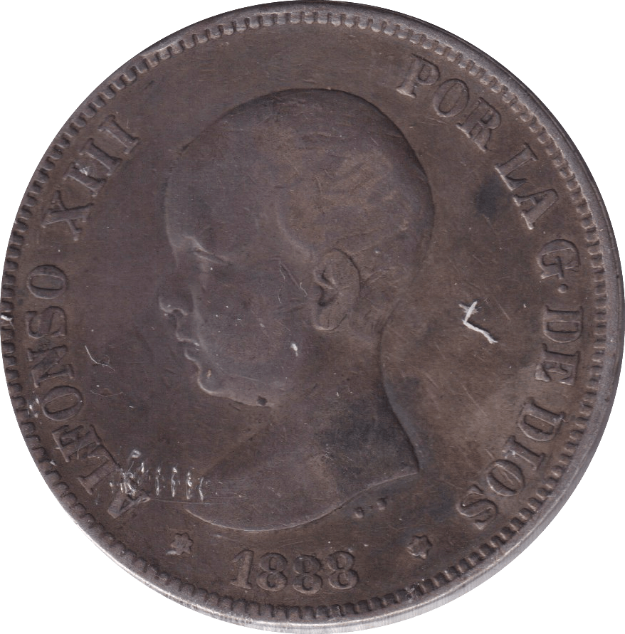 1888 SILVER 5 PESETAS SPAIN - SILVER WORLD COINS - Cambridgeshire Coins