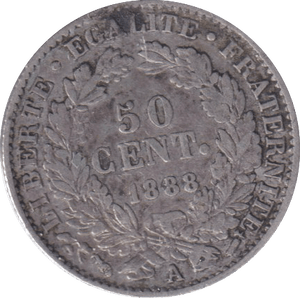 1888 SILVER 50 CENTS FRANCE - SILVER WORLD COINS - Cambridgeshire Coins
