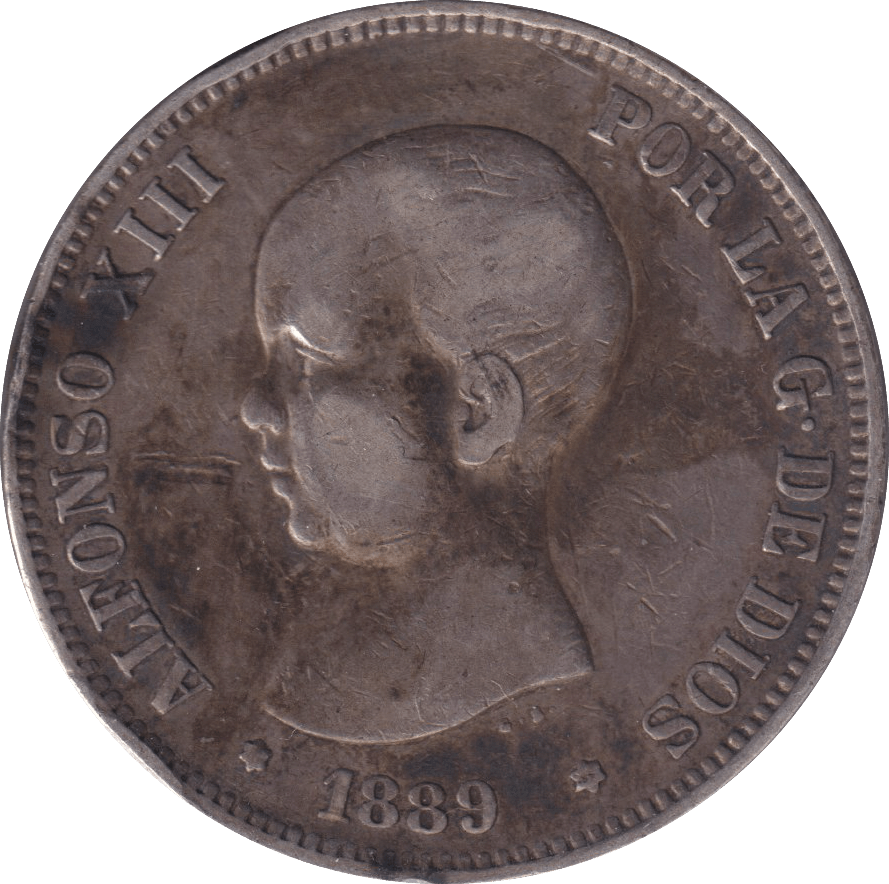 1889 SILVER FIVE PESETAS SPAIN - SILVER WORLD COINS - Cambridgeshire Coins