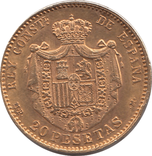 1890 GOLD 20 PESETAS SPAIN - GOLD WORLD COINS - Cambridgeshire Coins
