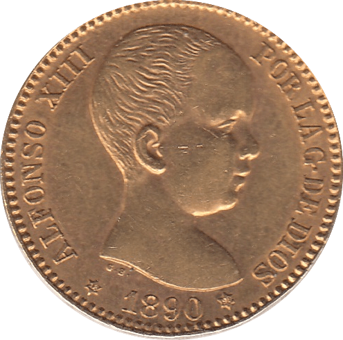 1890 GOLD 20 PESETAS SPAIN - GOLD WORLD COINS - Cambridgeshire Coins