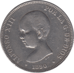 1890 SILVER FIVE PESETAS SPAIN - SILVER WORLD COINS - Cambridgeshire Coins