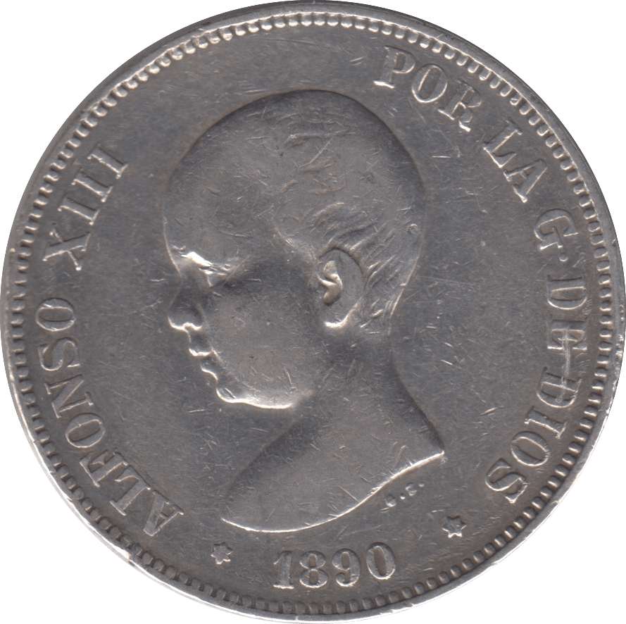 1890 SILVER FIVE PESETAS SPAIN - SILVER WORLD COINS - Cambridgeshire Coins