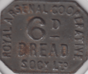 1890 SIXPENCE BREAD TOKEN ARSENAL COOPERATIVE - OTHER TOKENS - Cambridgeshire Coins