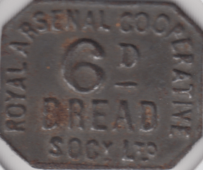 1890 SIXPENCE BREAD TOKEN ARSENAL COOPERATIVE - OTHER TOKENS - Cambridgeshire Coins