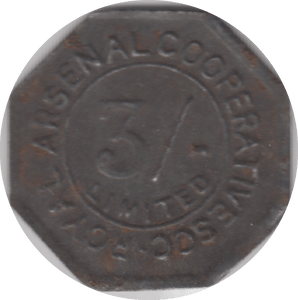 1890 THREE SHILLING TOKEN ARSENAL COOPERATIVE - OTHER TOKENS - Cambridgeshire Coins