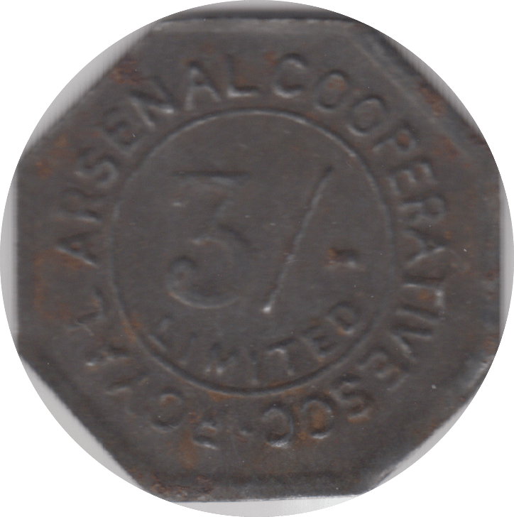 1890 THREE SHILLING TOKEN ARSENAL COOPERATIVE - OTHER TOKENS - Cambridgeshire Coins