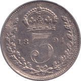 1891 THREEPENCE ( GVF ) - THREEPENCE - Cambridgeshire Coins