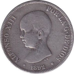 1892 SILVER 5 PERSAS SPAIN - SILVER WORLD COINS - Cambridgeshire Coins