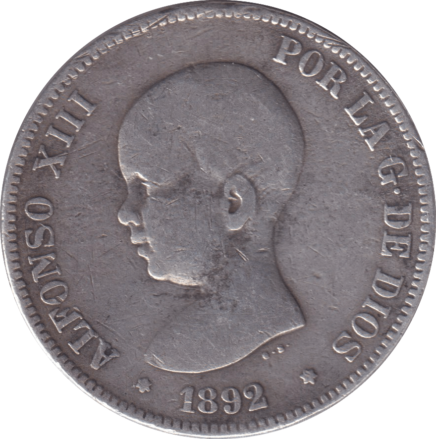 1892 SILVER 5 PERSAS SPAIN - SILVER WORLD COINS - Cambridgeshire Coins