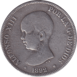 1892 SILVER 5 PERSAS SPAIN - SILVER WORLD COINS - Cambridgeshire Coins