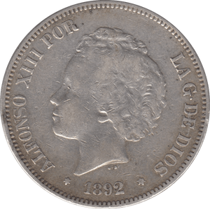 1892 SILVER FIVE PESETAS SPAIN - SILVER WORLD COINS - Cambridgeshire Coins