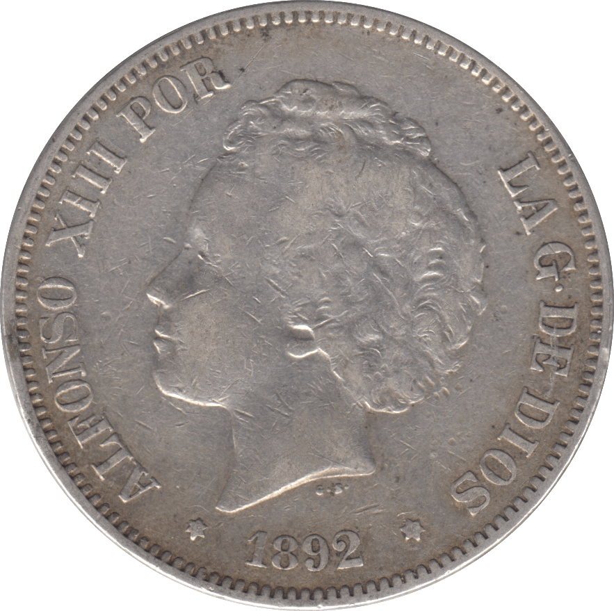 1892 SILVER FIVE PESETAS SPAIN - SILVER WORLD COINS - Cambridgeshire Coins