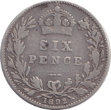 1892 SIXPENCE ( FINE ) - SIXPENCE - Cambridgeshire Coins