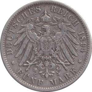 1894 FIVE MARK MUNICH BAVARIA D - SILVER WORLD COINS - Cambridgeshire Coins