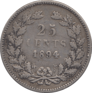 1894 SILVER TWENTY FIVE CENTS NETHERLANDS - SILVER WORLD COINS - Cambridgeshire Coins