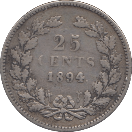 1894 SILVER TWENTY FIVE CENTS NETHERLANDS - SILVER WORLD COINS - Cambridgeshire Coins
