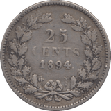 1894 SILVER TWENTY FIVE CENTS NETHERLANDS - SILVER WORLD COINS - Cambridgeshire Coins