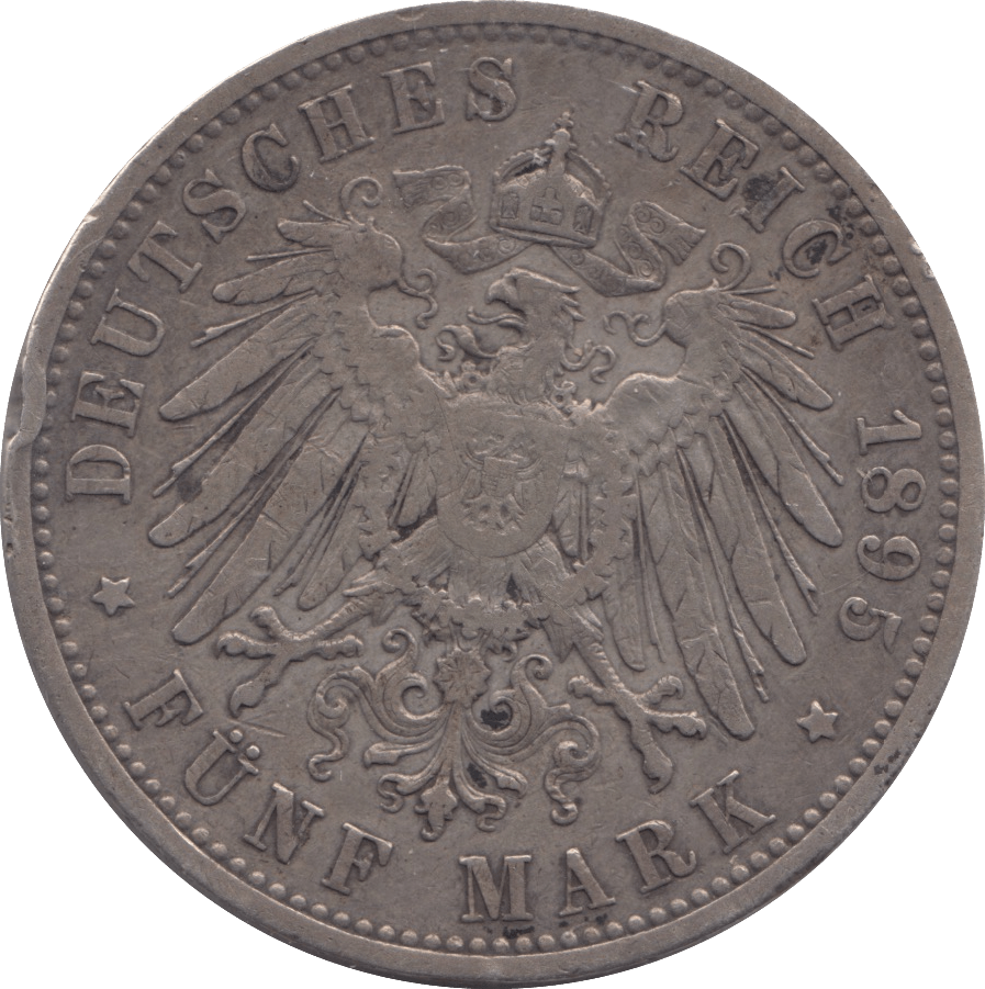1895 SILVER 5 MARK PRUSSIA - SILVER WORLD COINS - Cambridgeshire Coins
