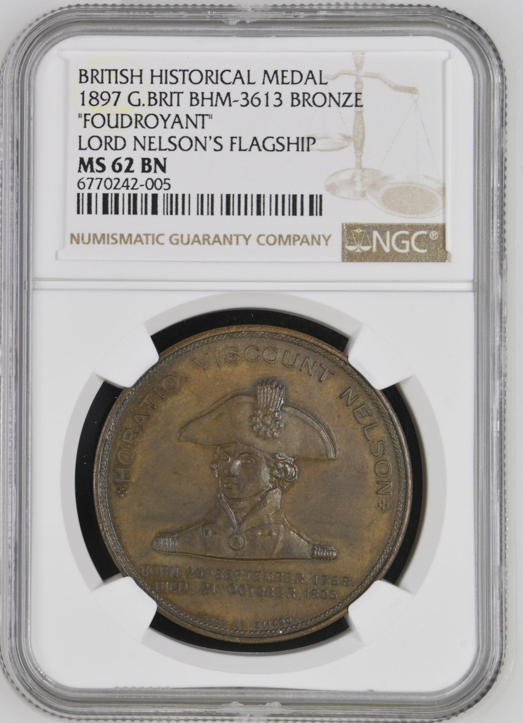 1897 G.BRIT BHM - 3613 FOUDROYANT LORD NELSON'S FLAGSHIP BRITISH HISTORICAL MEDAL BRONZE MS 62 BN - HAMMERED COINS - Cambridgeshire Coins