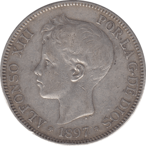1897 SILVER FIVE PESETAS SPAIN - SILVER WORLD COINS - Cambridgeshire Coins