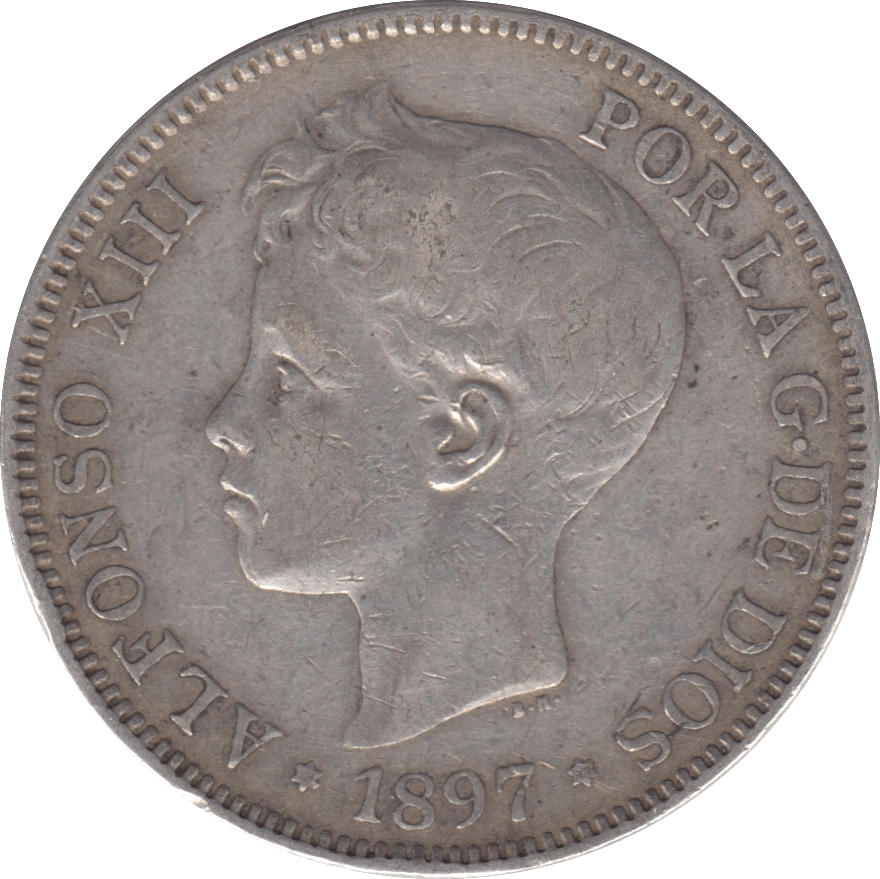 1897 SILVER FIVE PESETAS SPAIN - SILVER WORLD COINS - Cambridgeshire Coins