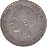 1897 SILVER FIVE PESETAS SPAIN - SILVER WORLD COINS - Cambridgeshire Coins